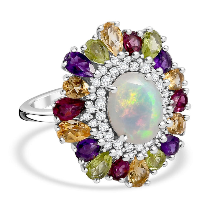 Ethiopian Opal, Multi Gemstones Halo Ring in Rhodium Overlay Sterling Silver 7934828 1