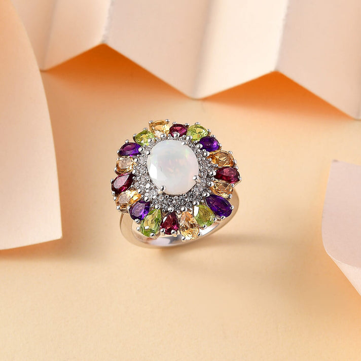 Ethiopian Opal, Multi Gemstones Halo Ring in Rhodium Overlay Sterling Silver 7934828 2