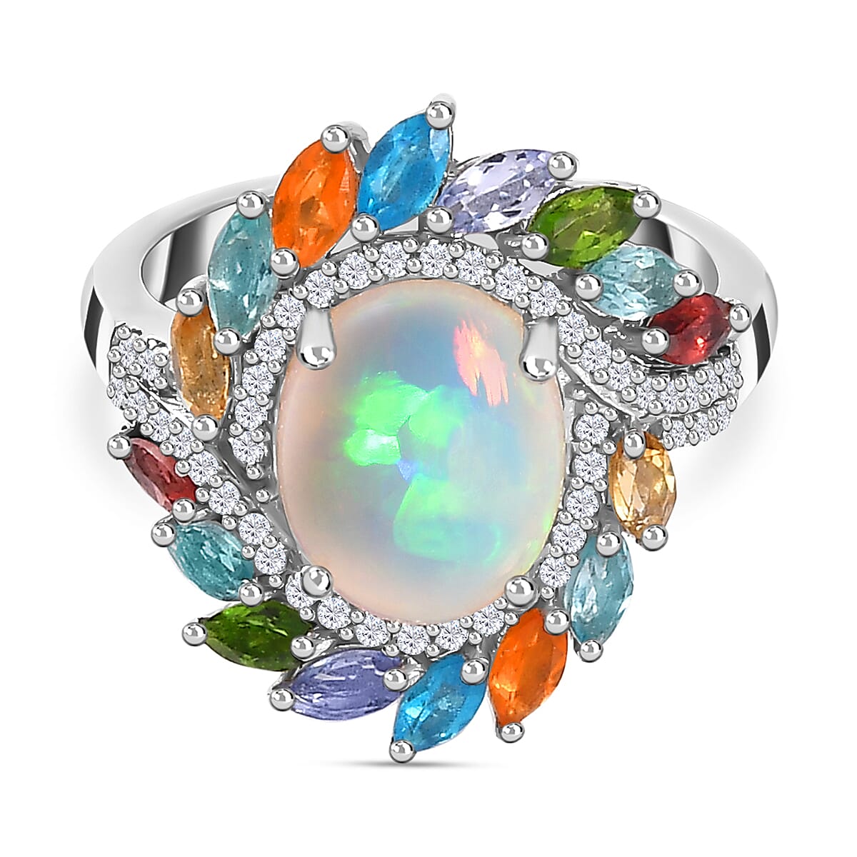 Ethiopian Welo Opal and Multi Gemstones Floral Ring in Platinum Overlay Sterling Silver 7761723 0