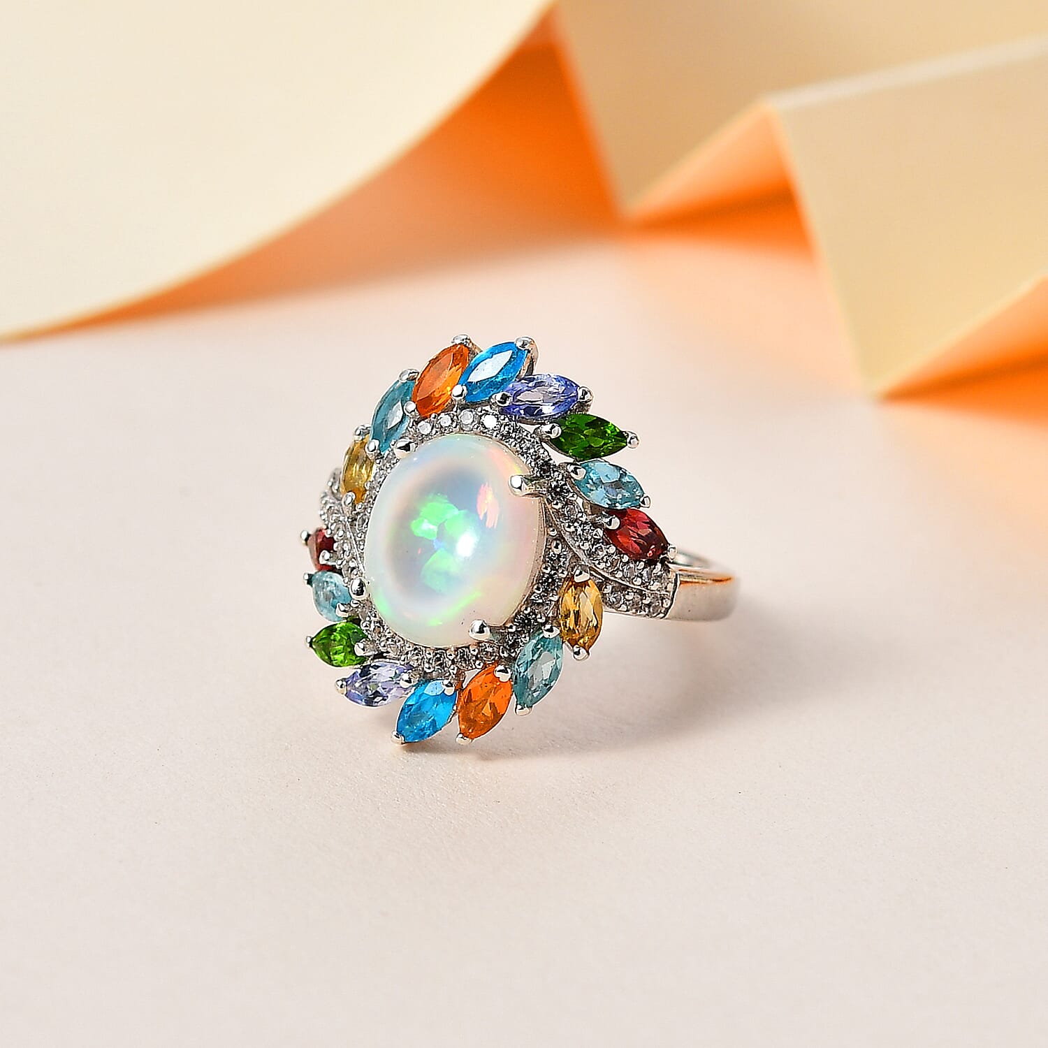 Ethiopian Welo Opal and Multi Gemstones Floral Ring in Platinum Overlay Sterling Silver 7761723 1