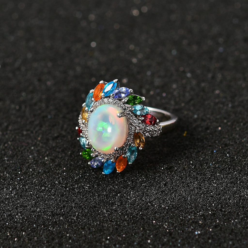 Ethiopian Welo Opal & Multi Gemstones Halo Ring in Platinum Overlay Sterling Silver 3.30 Ct.