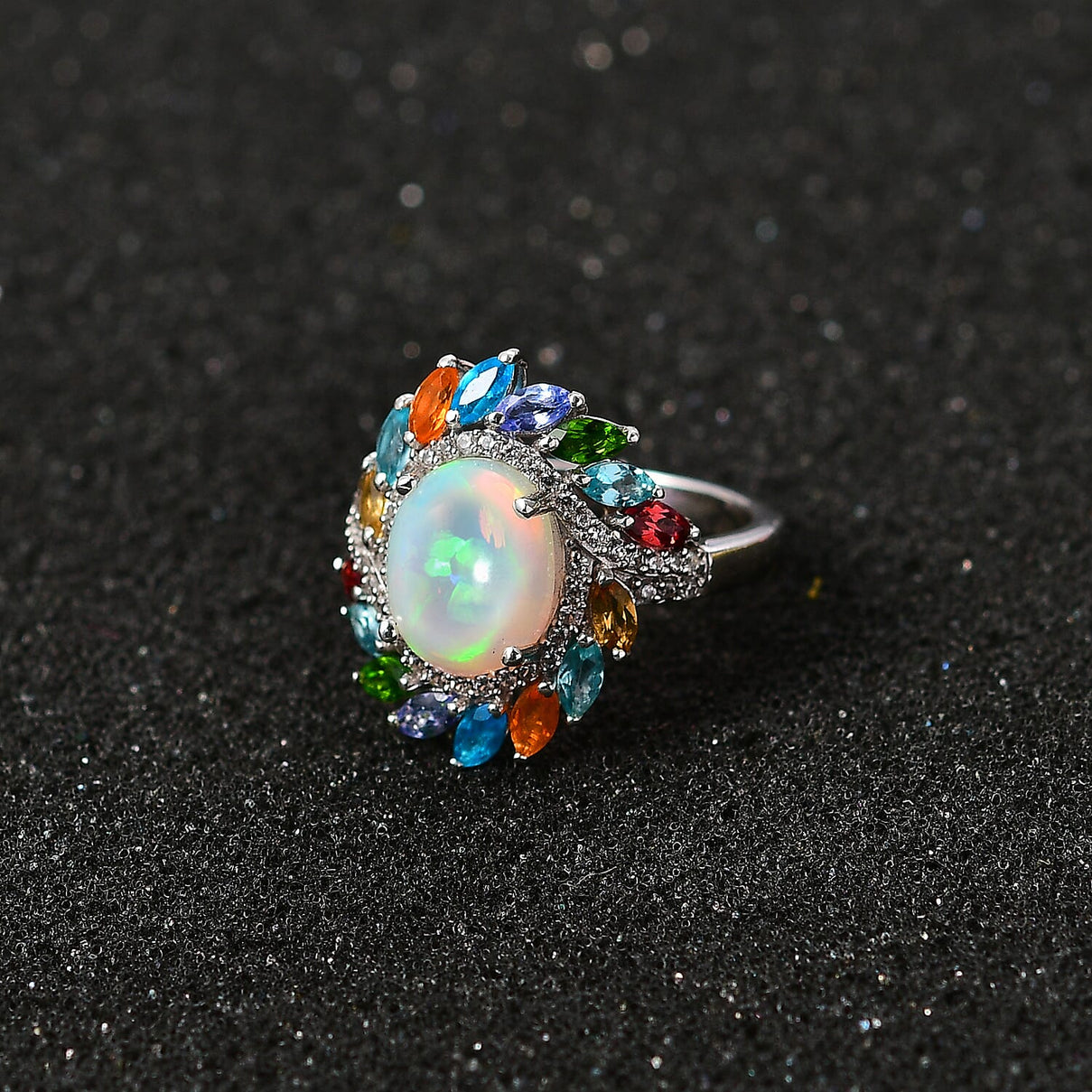 Ethiopian Welo Opal and Multi Gemstones Floral Ring in Platinum Overlay Sterling Silver 7761723 2