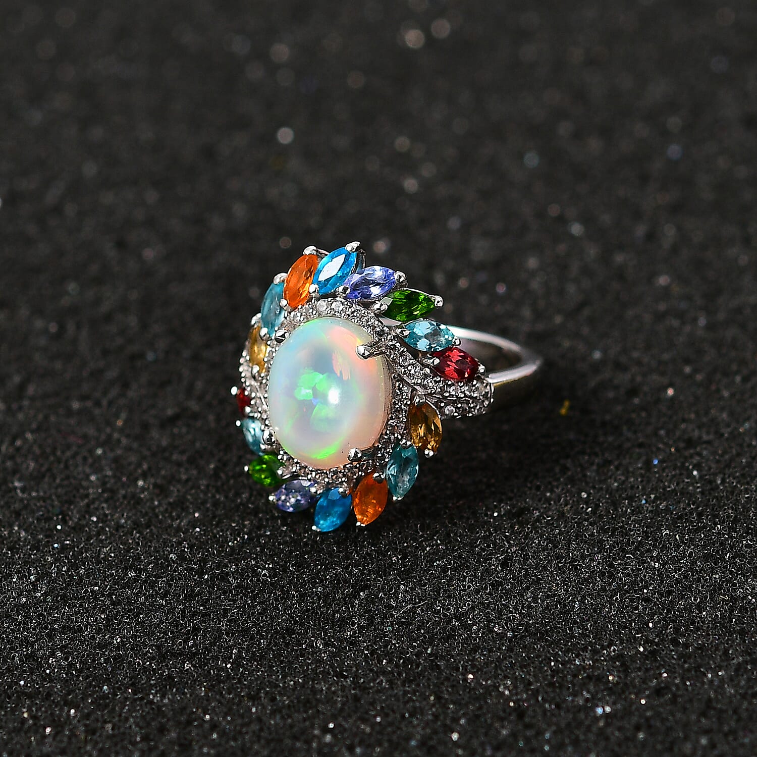 Ethiopian Welo Opal and Multi Gemstones Floral Ring in Platinum Overlay Sterling Silver 7761723 2