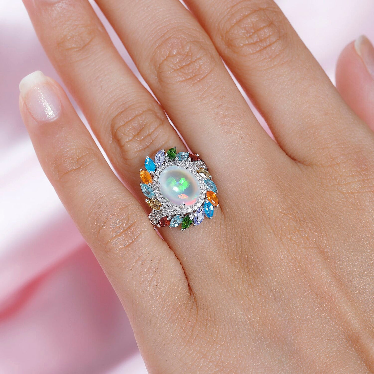 Ethiopian Welo Opal and Multi Gemstones Floral Ring in Platinum Overlay Sterling Silver 7761723 3