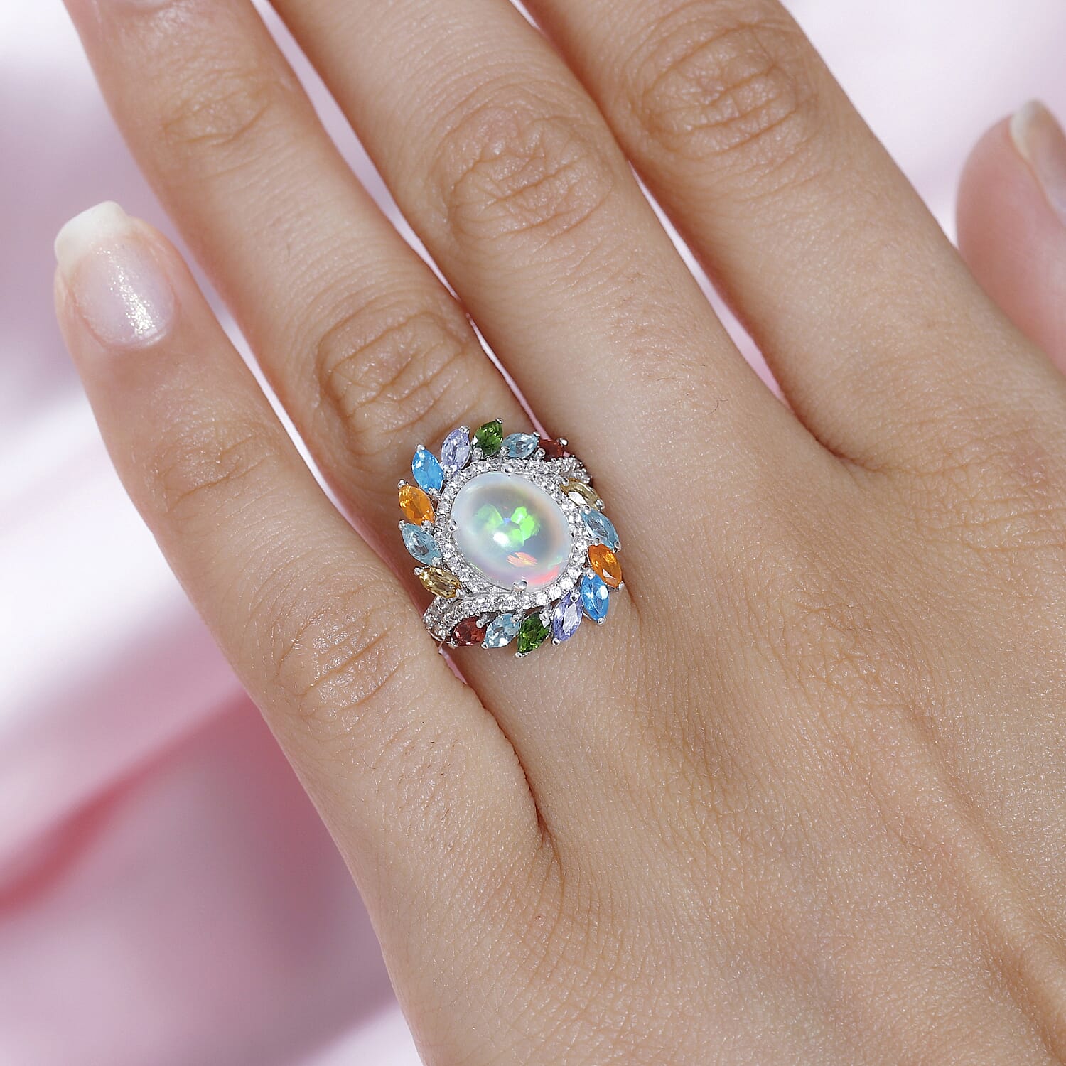 Ethiopian Welo Opal and Multi Gemstones Floral Ring in Platinum Overlay Sterling Silver 7761723 3