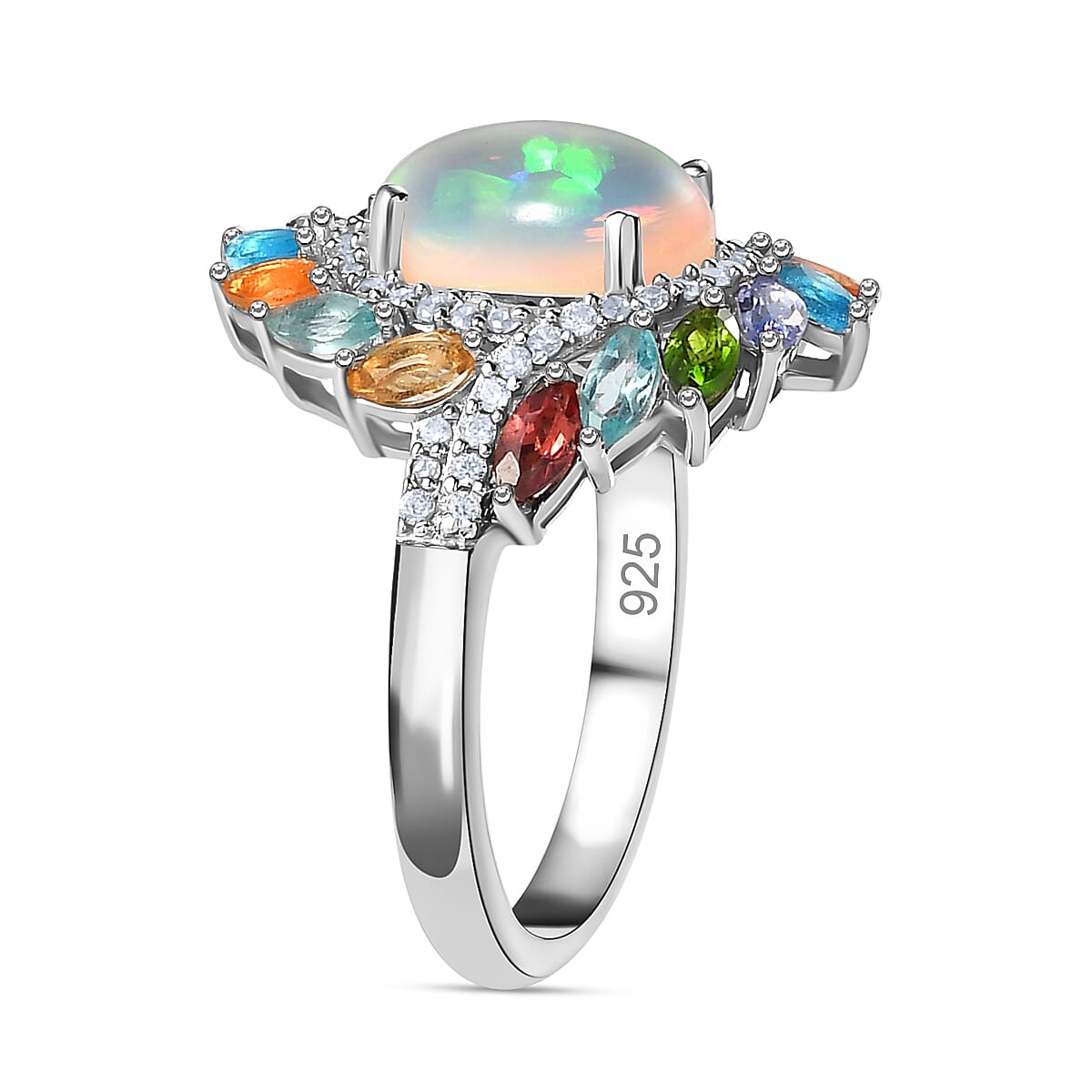 Ethiopian Welo Opal and Multi Gemstones Floral Ring in Platinum Overlay Sterling Silver 7761723 4
