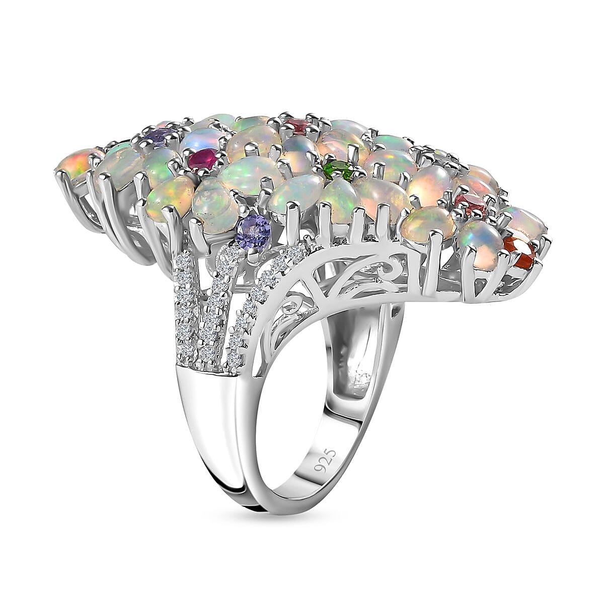Ethiopian Welo Opal and Muti Gemstone Cluster Ring in Platinum Overlay Sterling Silver 7710098 5