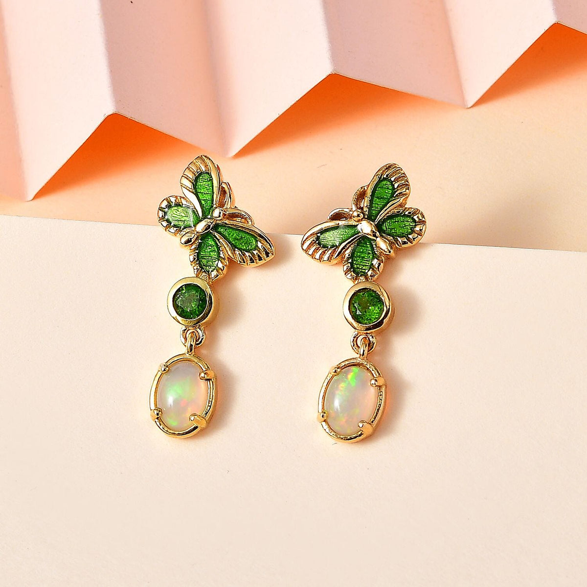 Ethiopian Opal, Natural Chrome Diopside Butterfly Earrings in 18K Yellow Gold Vermeil Sterling Silver 1.380  Ct. 7802903 2