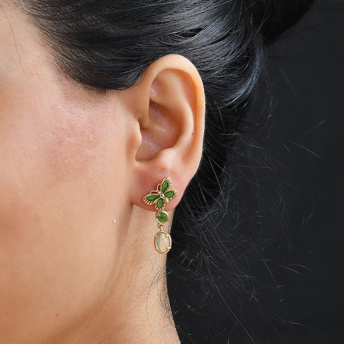 Ethiopian Opal, Natural Chrome Diopside Butterfly Earrings in 18K Yellow Gold Vermeil Sterling Silver 1.380  Ct. 7802903 3