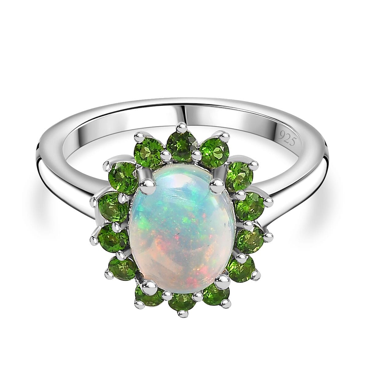 Ethiopian Opal, Natural Chrome Diopside Halo Ring in Platinum Overlay Sterling Silver 7749069 0
