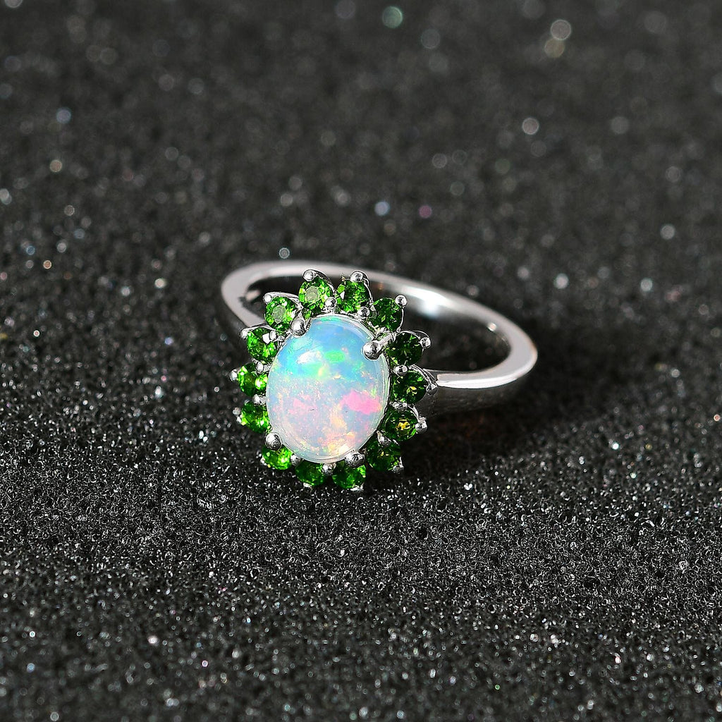 Ethiopian Opal ,  Natural Chrome Diopside  Main Stone With Side Stone Ring in Platinum Overlay Sterling Silver 1.71 ct  1.799  Ct.