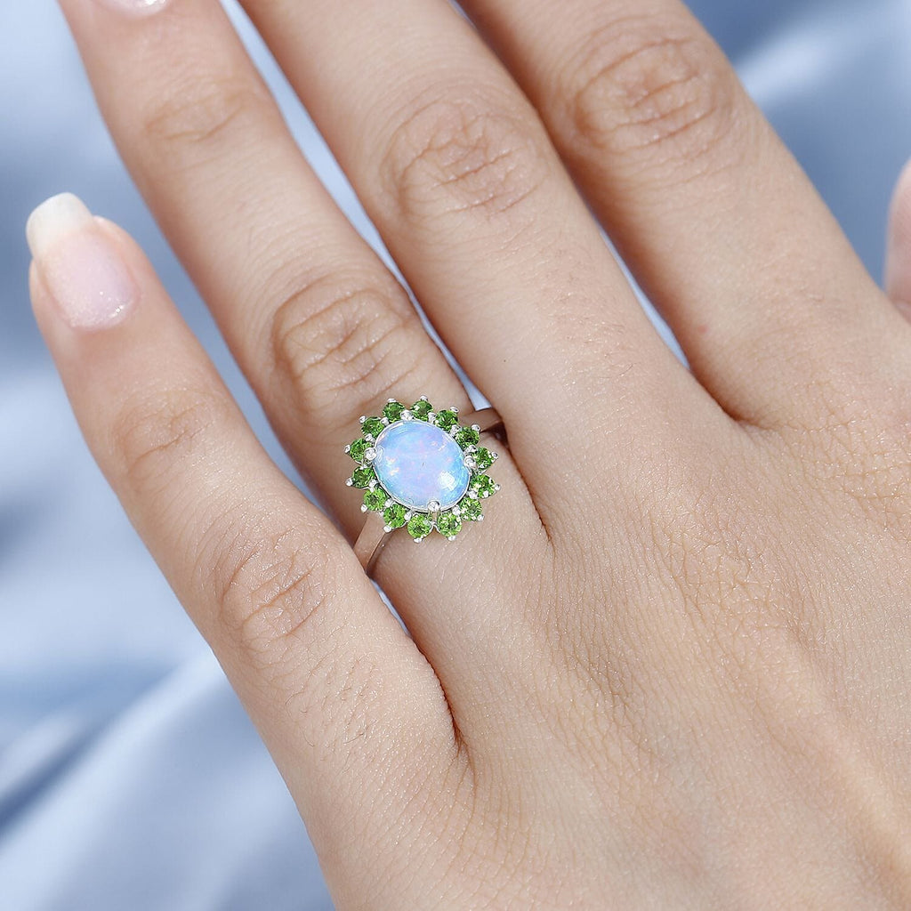 Ethiopian Opal ,  Natural Chrome Diopside  Main Stone With Side Stone Ring in Platinum Overlay Sterling Silver 1.71 ct  1.799  Ct.