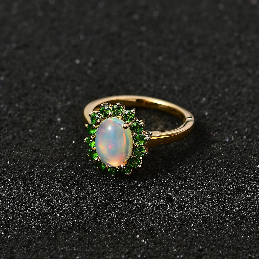 Ethiopian Opal ,  Natural Chrome Diopside  Main Stone With Side Stone Ring in Vermeil YG Sterling Silver 1.71 ct  1.799  Ct.