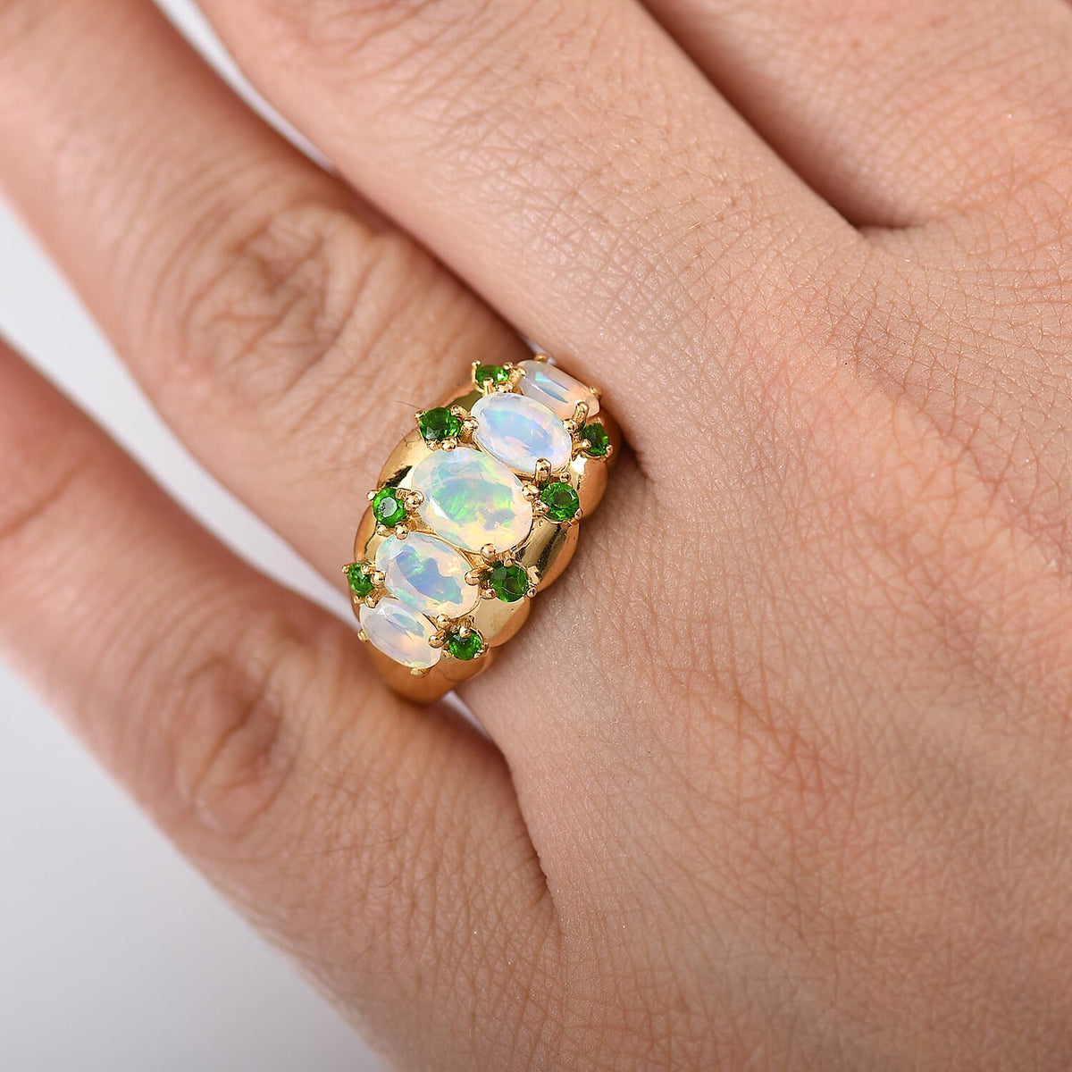 Ethiopian Faceted Opal, Natural Chrome Diopside 5-Stone Ring in 18K Vermeil Yellow Gold Over Sterling Silver 1.71 Ct. V32701136 9