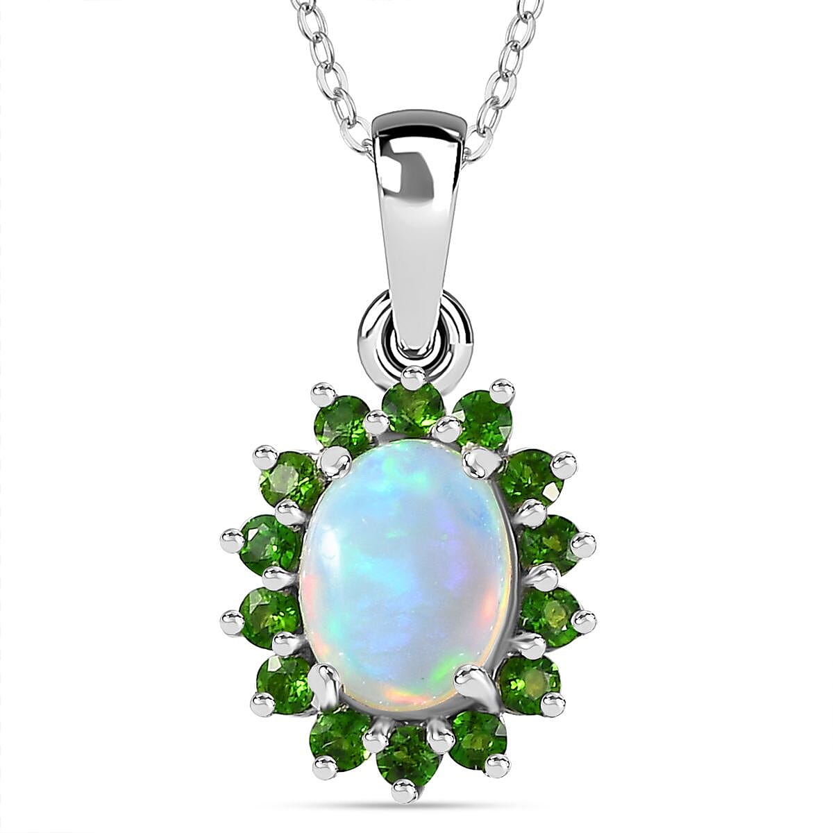 Ethiopian Opal,  Natural Chrome Diopside Halo Pendant with Chain (Size 20) in Platinum Overlay Sterling Silver, 1.740  Ct. 4261013 0
