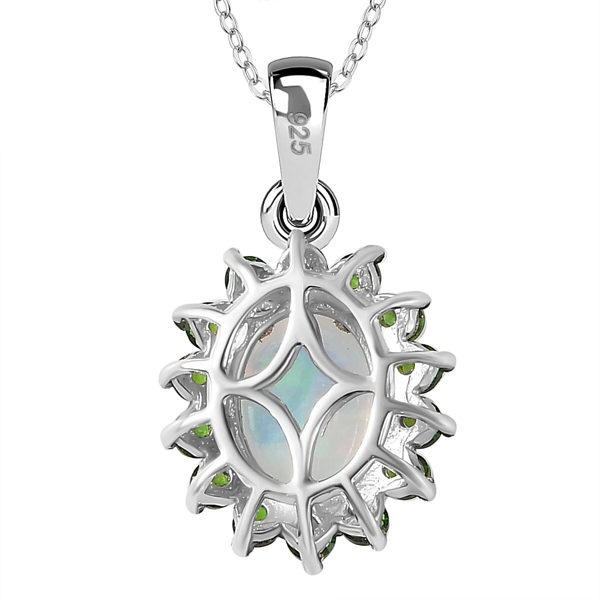 Ethiopian Opal,  Natural Chrome Diopside Halo Pendant with Chain (Size 20) in Platinum Overlay Sterling Silver, 1.740  Ct. 4261013 4