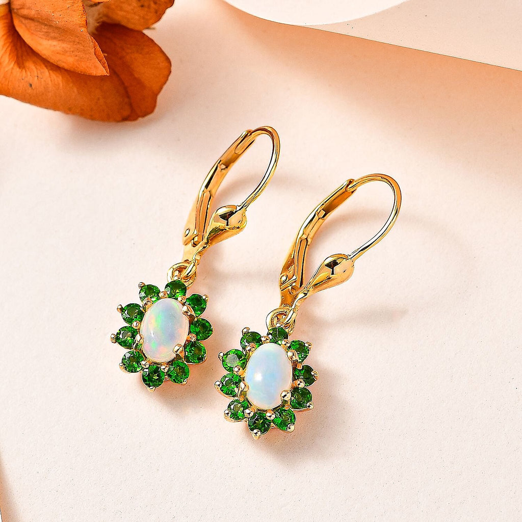 Ethiopian Opal ,  Natural Chrome Diopside  Solitaire Lever Back Earring in Vermeil YG Sterling Silver 1.52 ct  1.380  Ct.