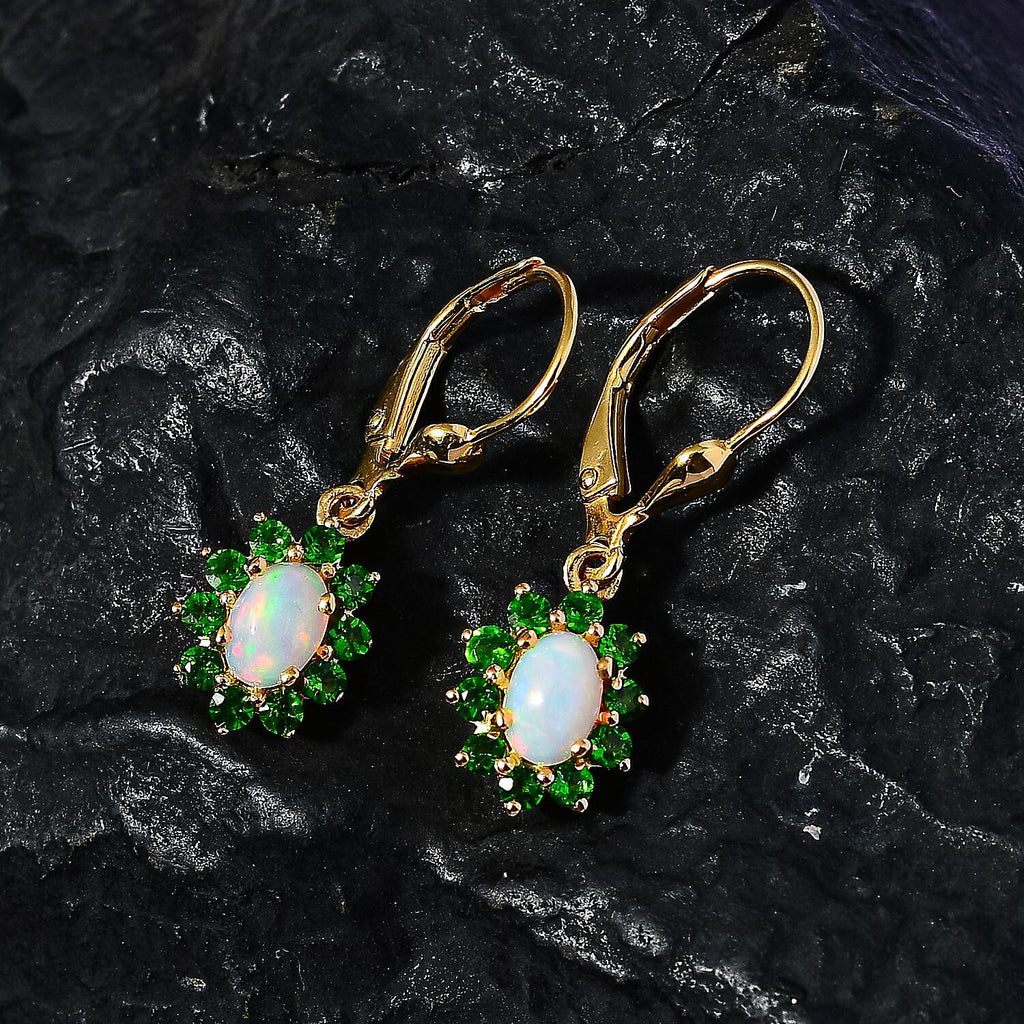 Ethiopian Opal ,  Natural Chrome Diopside  Solitaire Lever Back Earring in Vermeil YG Sterling Silver 1.52 ct  1.380  Ct.