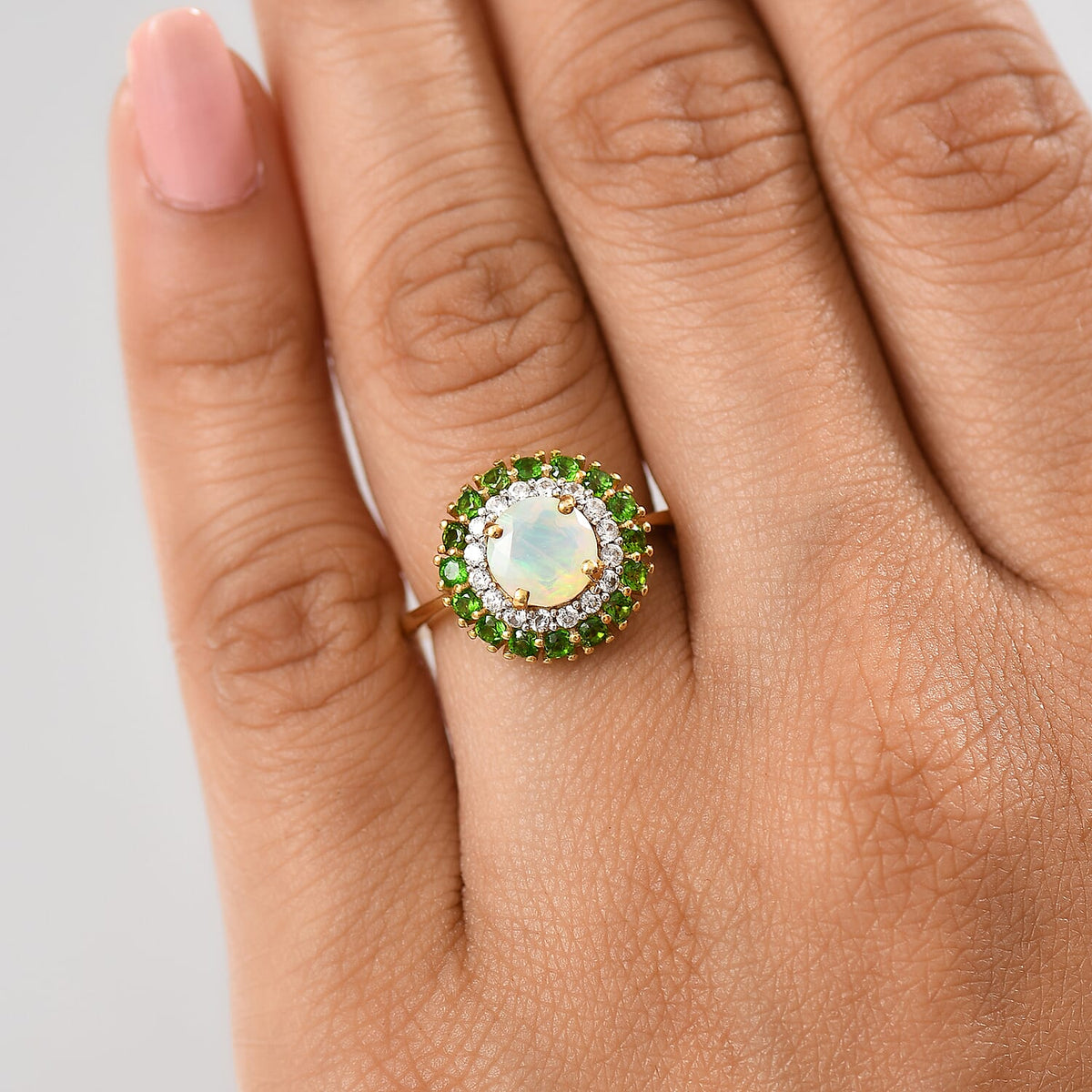 Ethiopian Faceted Opal, Natural Chrome Diopside &amp; White Zircon Ring in 18K Vermeil Yellow Gold Plated Sterling Silver 1.85 Ct. 8067493 8