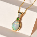 Ethiopian Welo Opal, Natural Chrome Diopside and Natural Zircon Pendant with Chain (Size 20) in 18K Yellow Gold Vermeil Plated Sterling Silver. 1.25 Ct