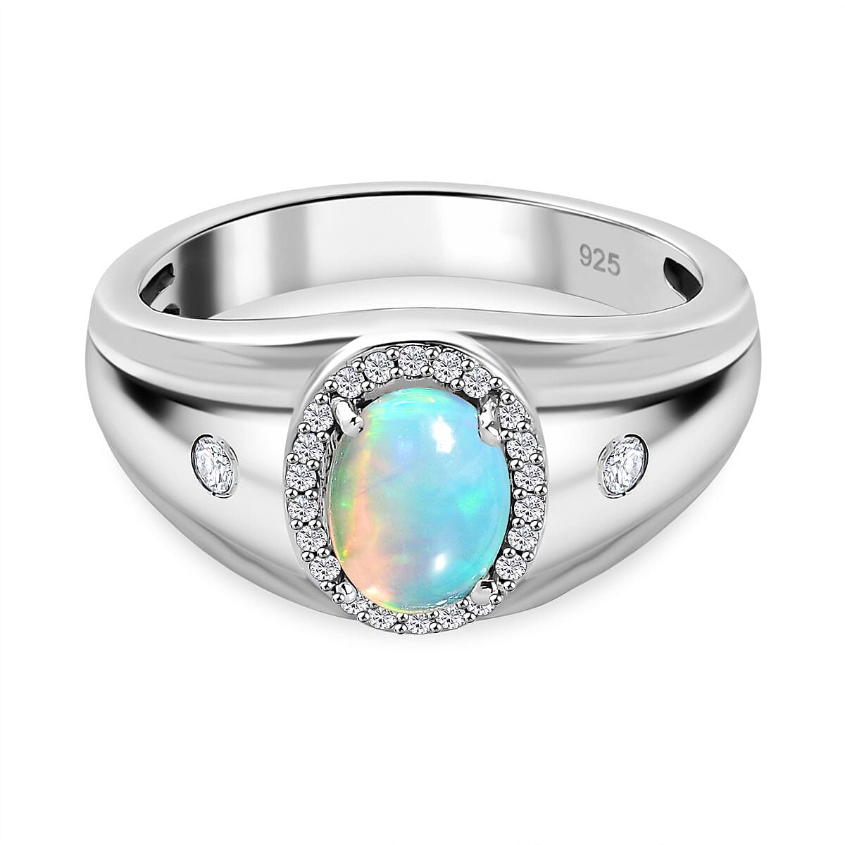 Ethiopian Opal, Natural Zircon Signet Halo Ring in Platinum Overlay Sterling Silver 1.09 Ct, Silver Wt. 7.6 Grams 7802864 0