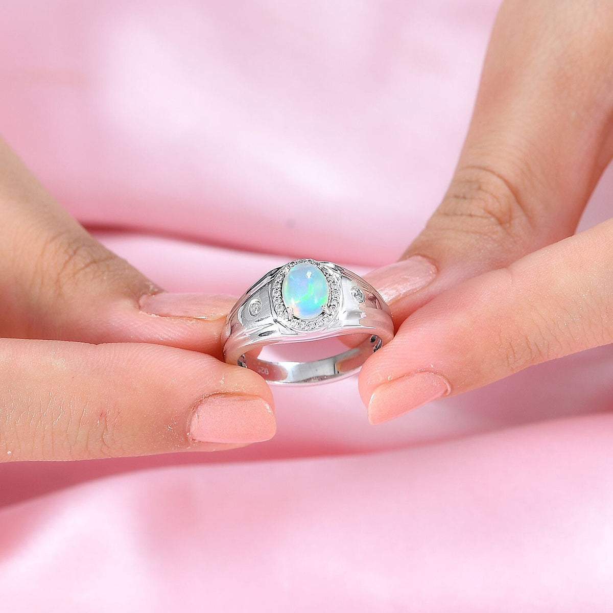 Ethiopian Opal, Natural Zircon Signet Halo Ring in Platinum Overlay Sterling Silver 1.09 Ct, Silver Wt. 7.6 Grams 7802864 7