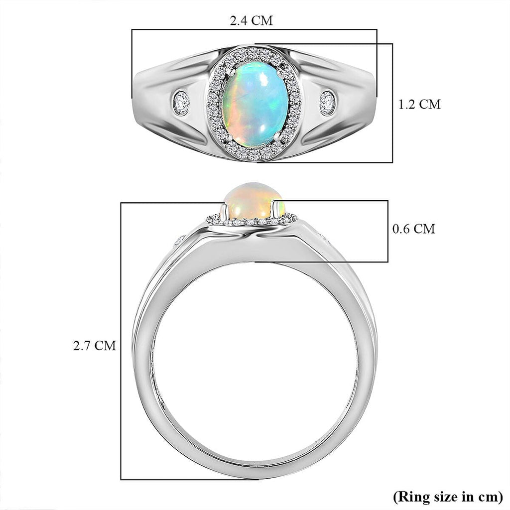 Ethiopian Opal, Natural Zircon Signet Ring in Platinum Overlay Sterling Silver 1.09 Ct, Silver Wt. 7.6 Grams