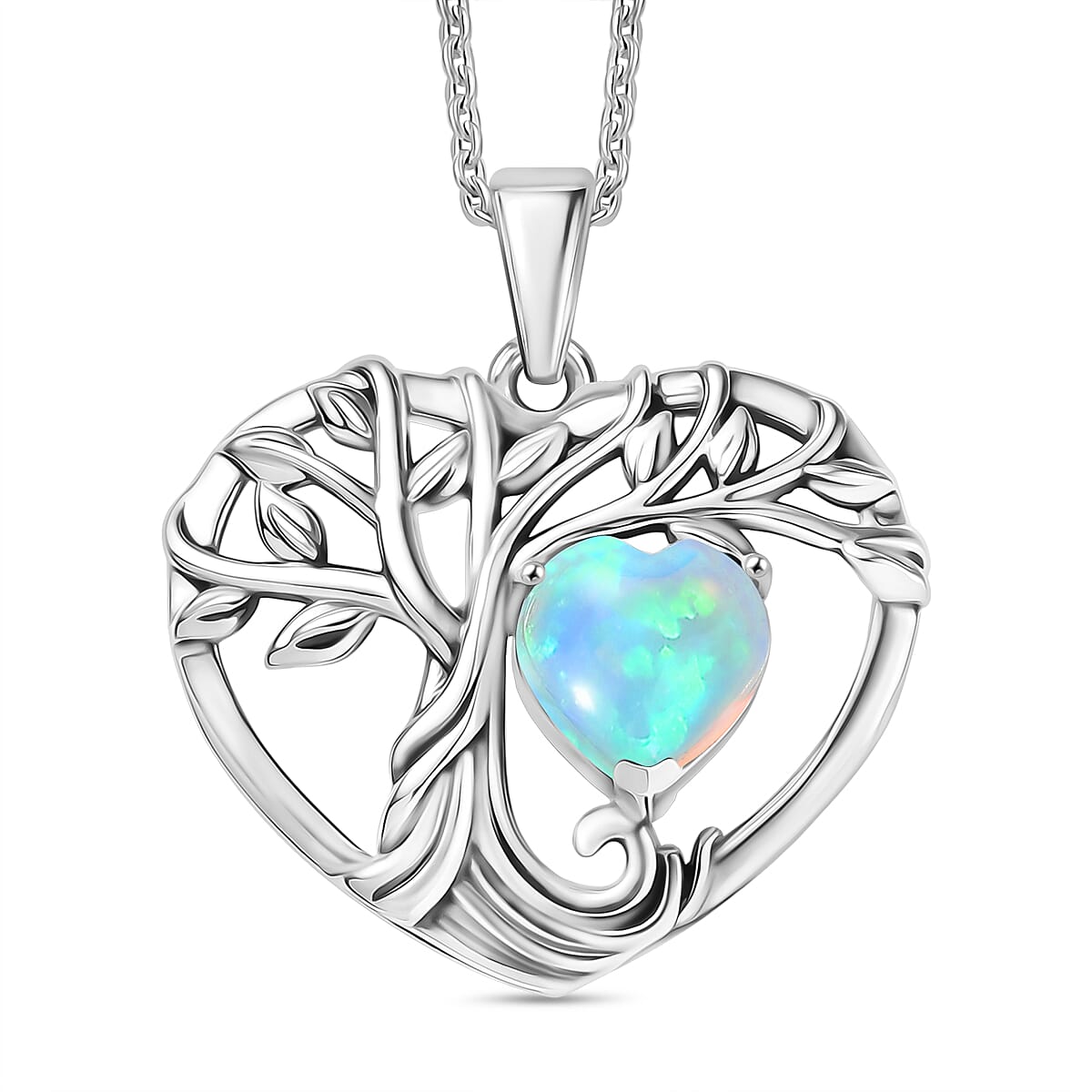 D'Joy Ethiopian Opal Tree of Life Heart Pendant with Cable Chain (Size 20) in Black Oxidised Sterling Silver 1.22 Ct. 4425797 0