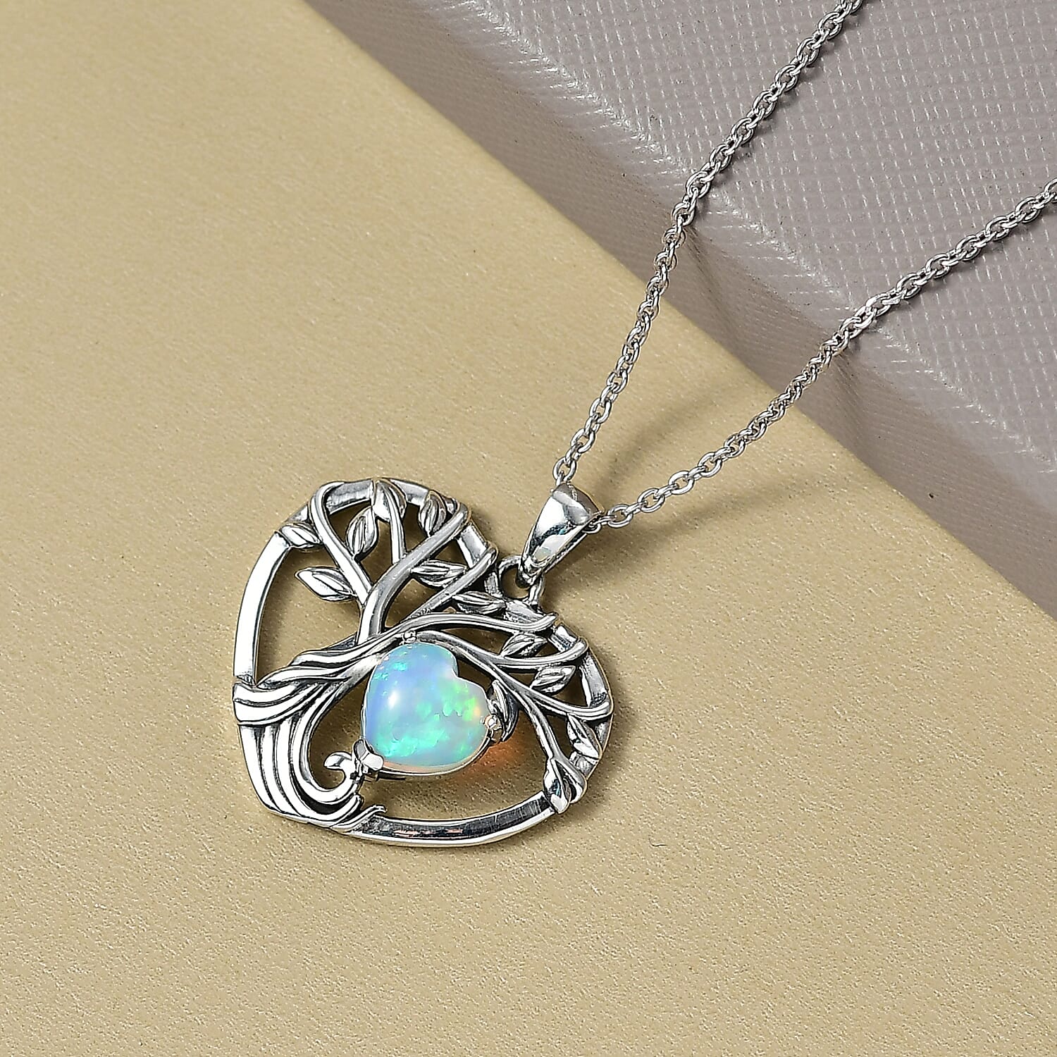 D'Joy Ethiopian Opal Tree of Life Heart Pendant with Cable Chain (Size 20) in Black Oxidised Sterling Silver 1.22 Ct. 4425797 2