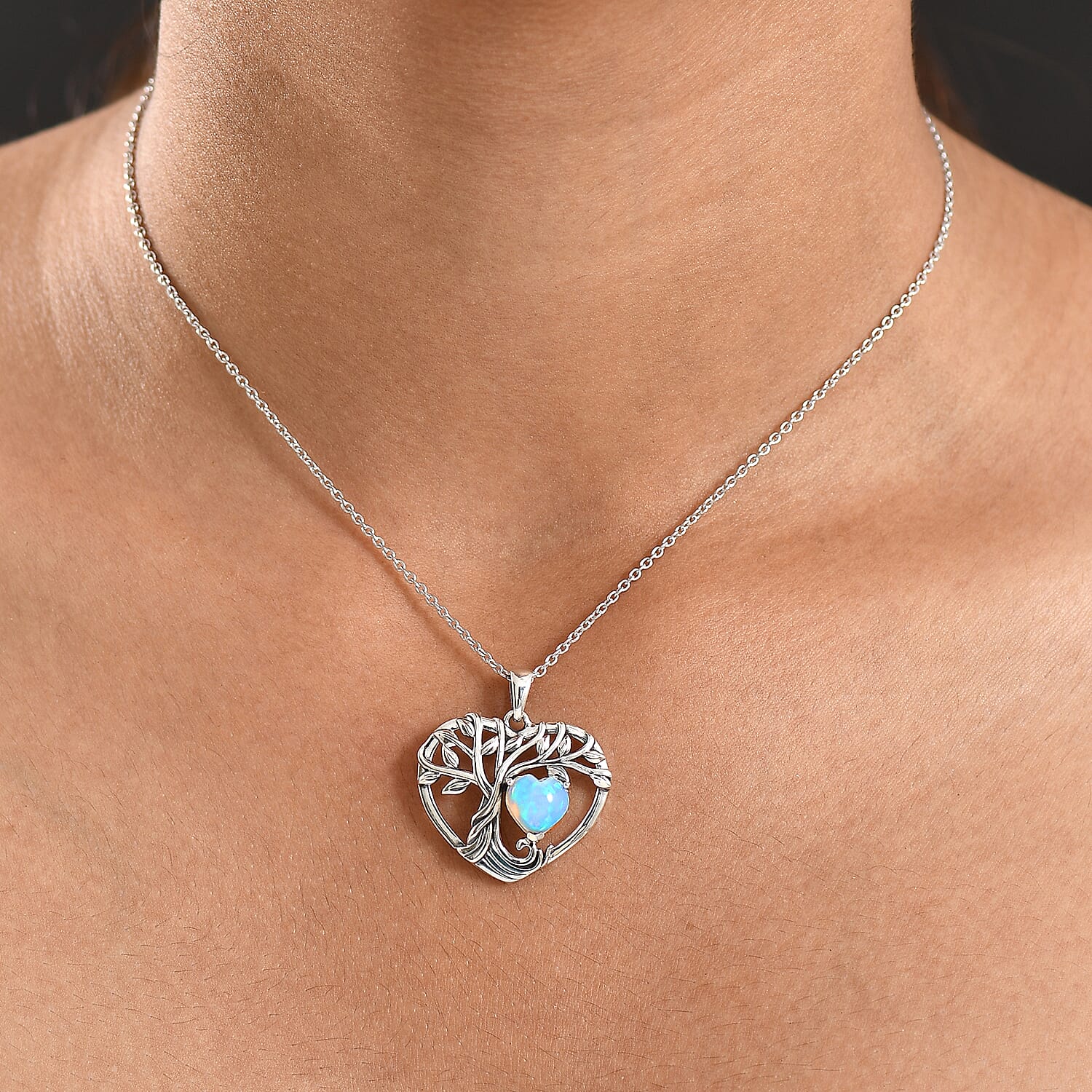 D'Joy Ethiopian Opal Tree of Life Heart Pendant with Cable Chain (Size 20) in Black Oxidised Sterling Silver 1.22 Ct. 4425797 3