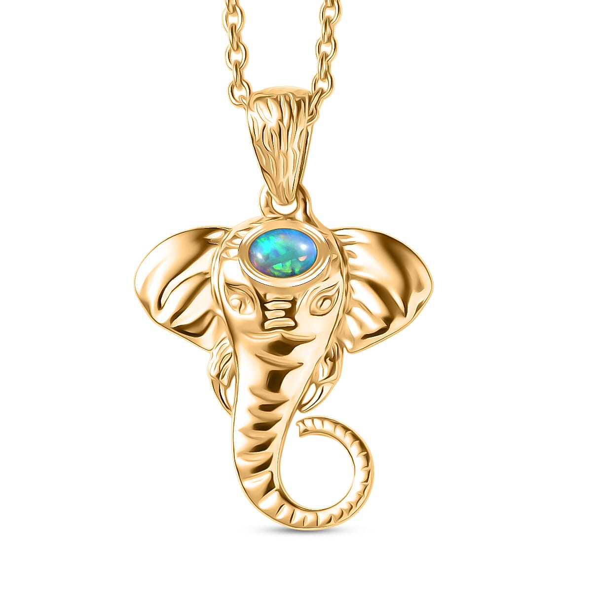 Ethiopian Opal Elephant Head Pendant with Chain (Size 20) in Sterling Silver with Yellow Gold Plating 4424539 0