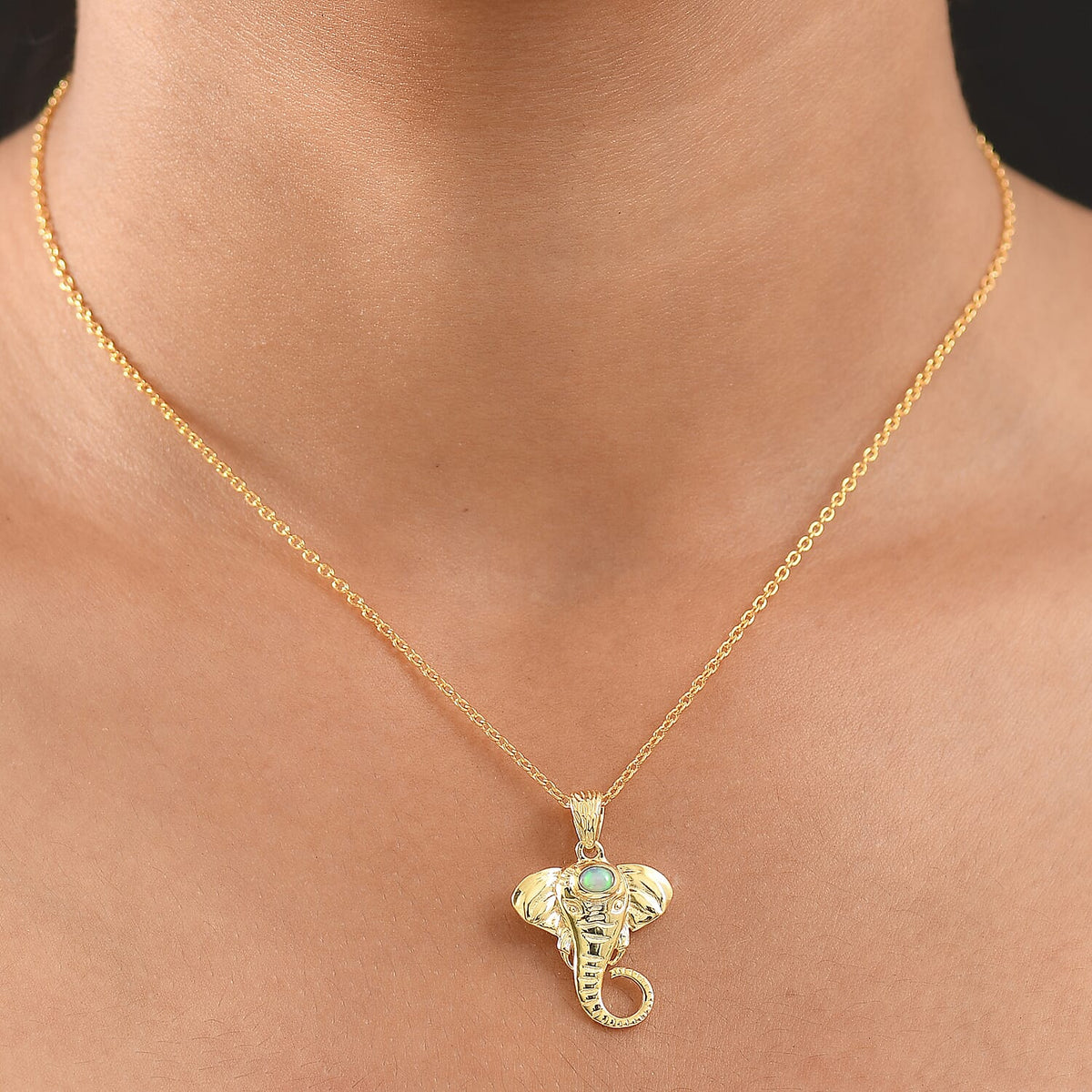 Ethiopian Opal Elephant Head Pendant with Chain (Size 20) in Sterling Silver with Yellow Gold Plating 4424539 2