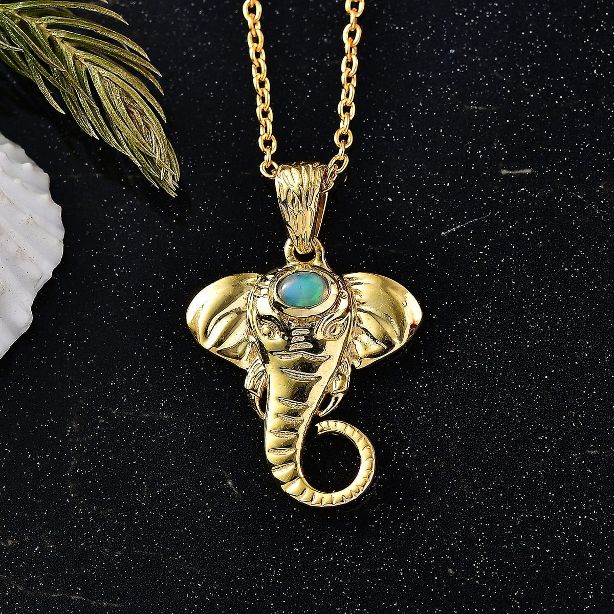 Ethiopian Opal Elephant Head Pendant with Chain (Size 20) in Sterling Silver with Yellow Gold Plating 4424539 3