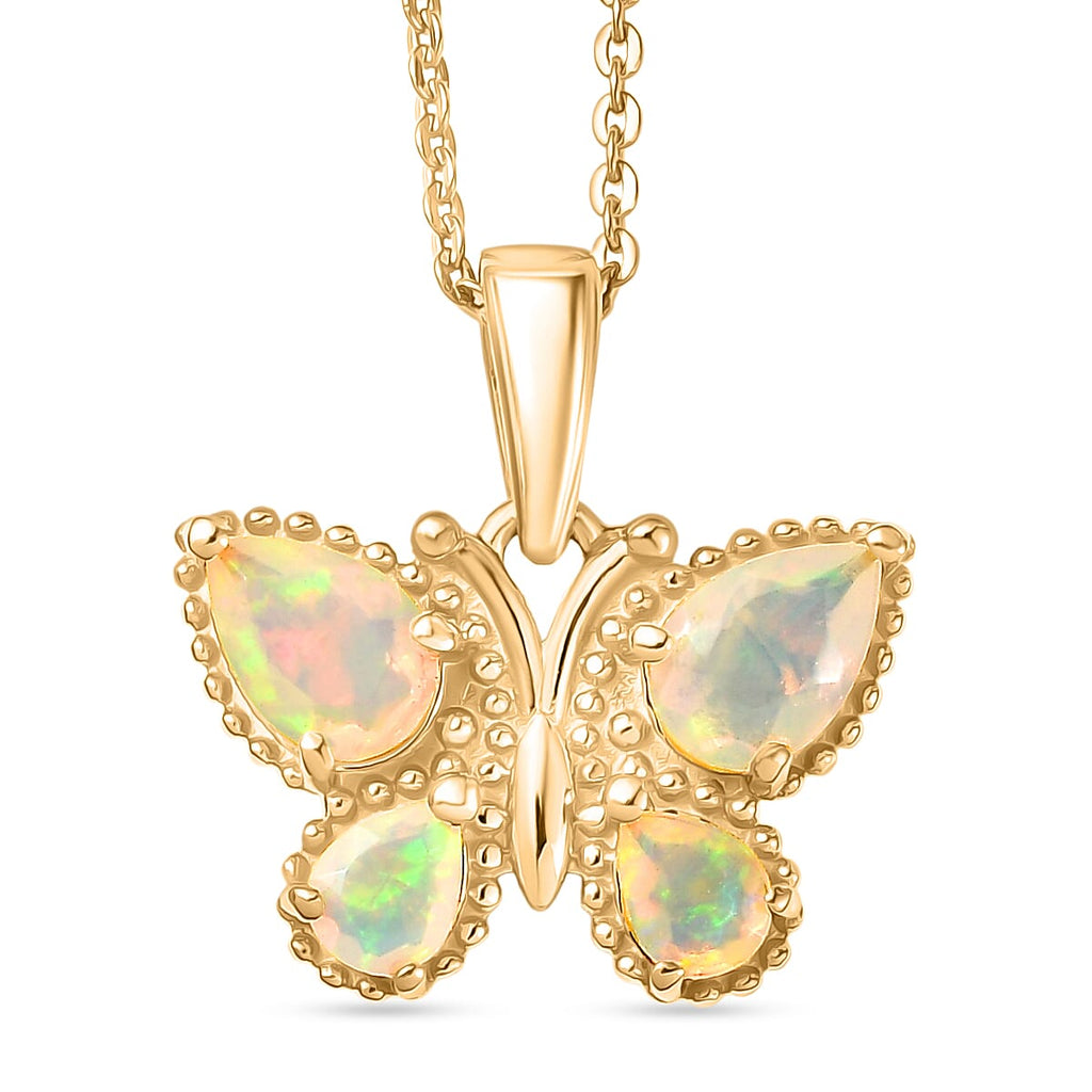 D'Joy Faceted Ethiopian Opal Butterfly Pendant with Chain (Size 20) in Yellow Gold Plated Sterling Silver.