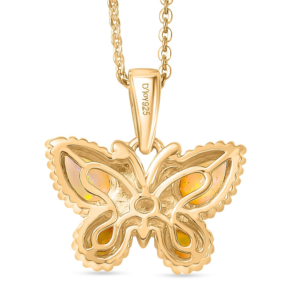 D'Joy Faceted Ethiopian Opal Butterfly Pendant with Chain (Size 20) in Yellow Gold Plated Sterling Silver.