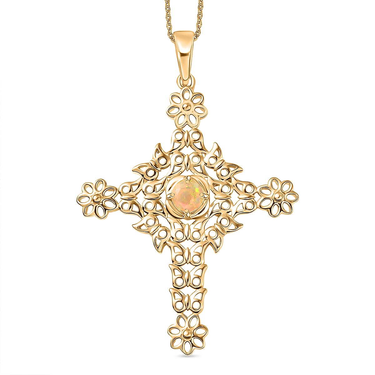 D'Joy Faceted Ethiopian Opal Garden Cross Pendant with Chain (Size 20) in Yellow Gold Plated Sterling Silver 4450853 0