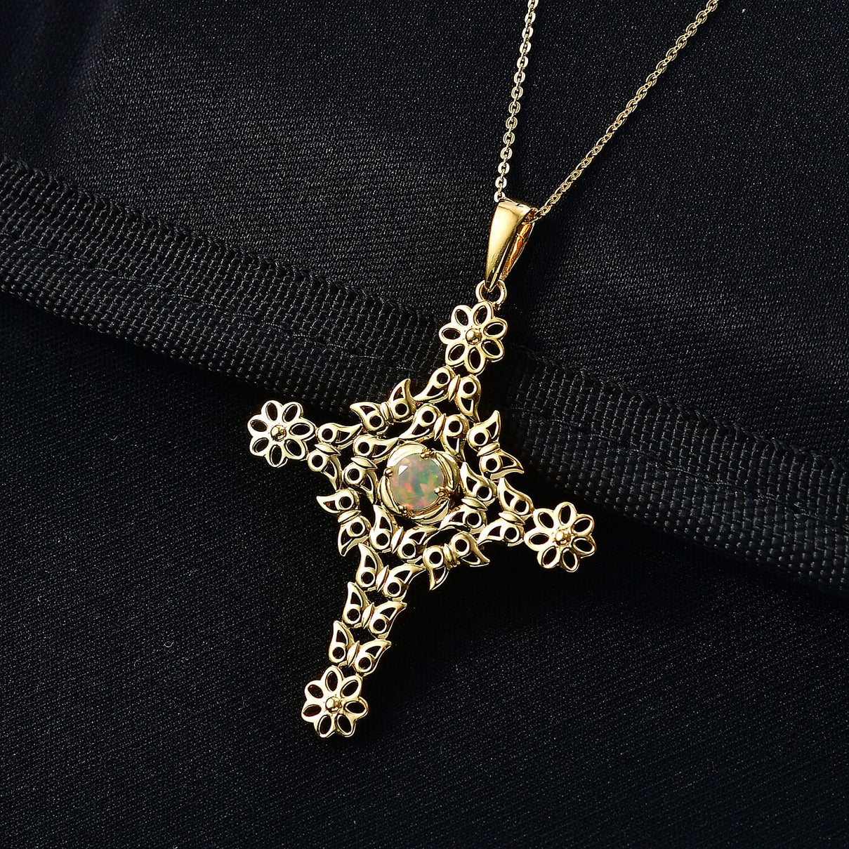 D'Joy Faceted Ethiopian Opal Garden Cross Pendant with Chain (Size 20) in Yellow Gold Plated Sterling Silver 4450853 2