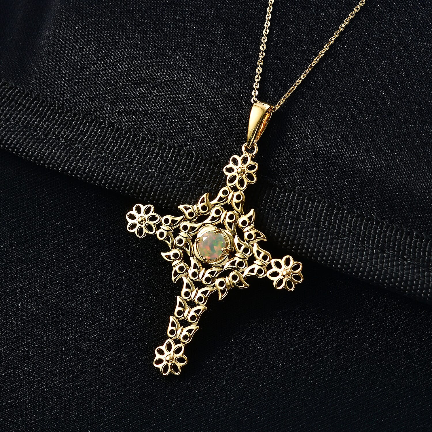 D'Joy Faceted Ethiopian Opal Garden Cross Pendant with Chain (Size 20) in Yellow Gold Plated Sterling Silver 4450853 2