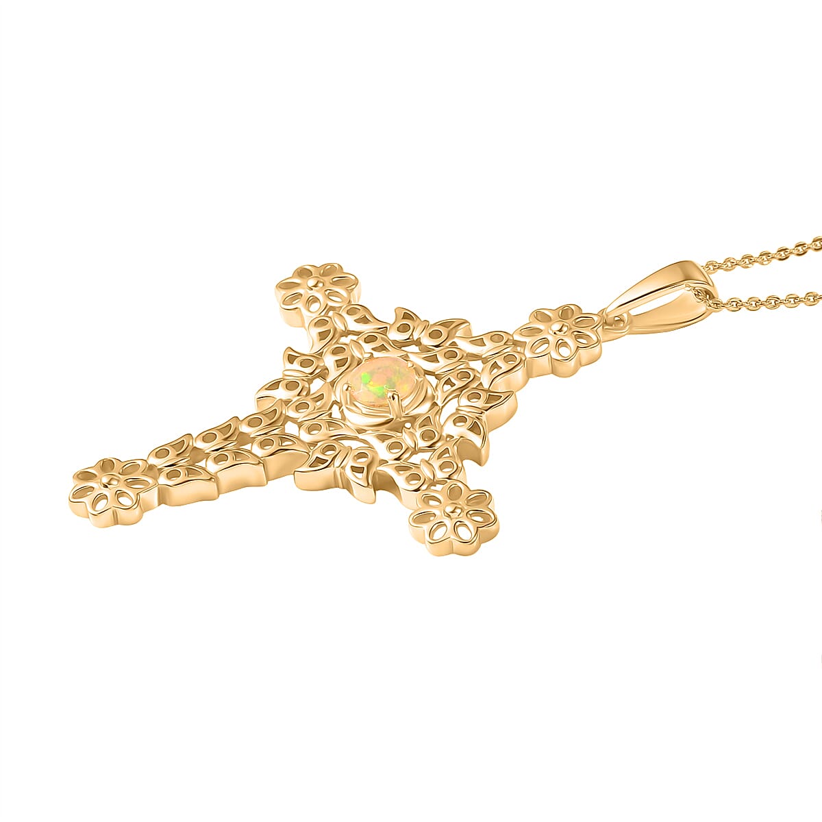 D'Joy Faceted Ethiopian Opal Garden Cross Pendant with Chain (Size 20) in Yellow Gold Plated Sterling Silver 4450853 4