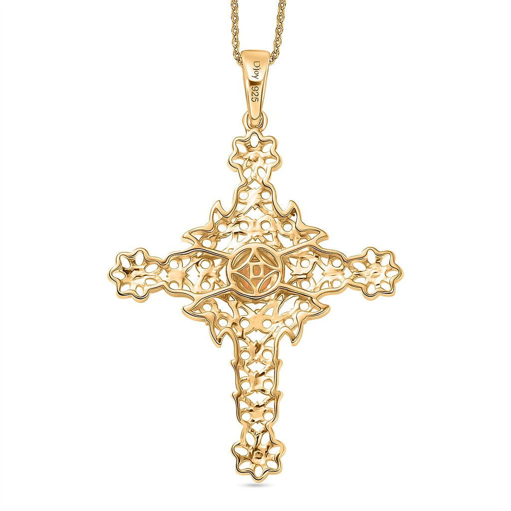 D'Joy Faceted Ethiopian Opal Cross Pendant with Chain (Size 20) in Yellow Gold Plated Sterling Silver.