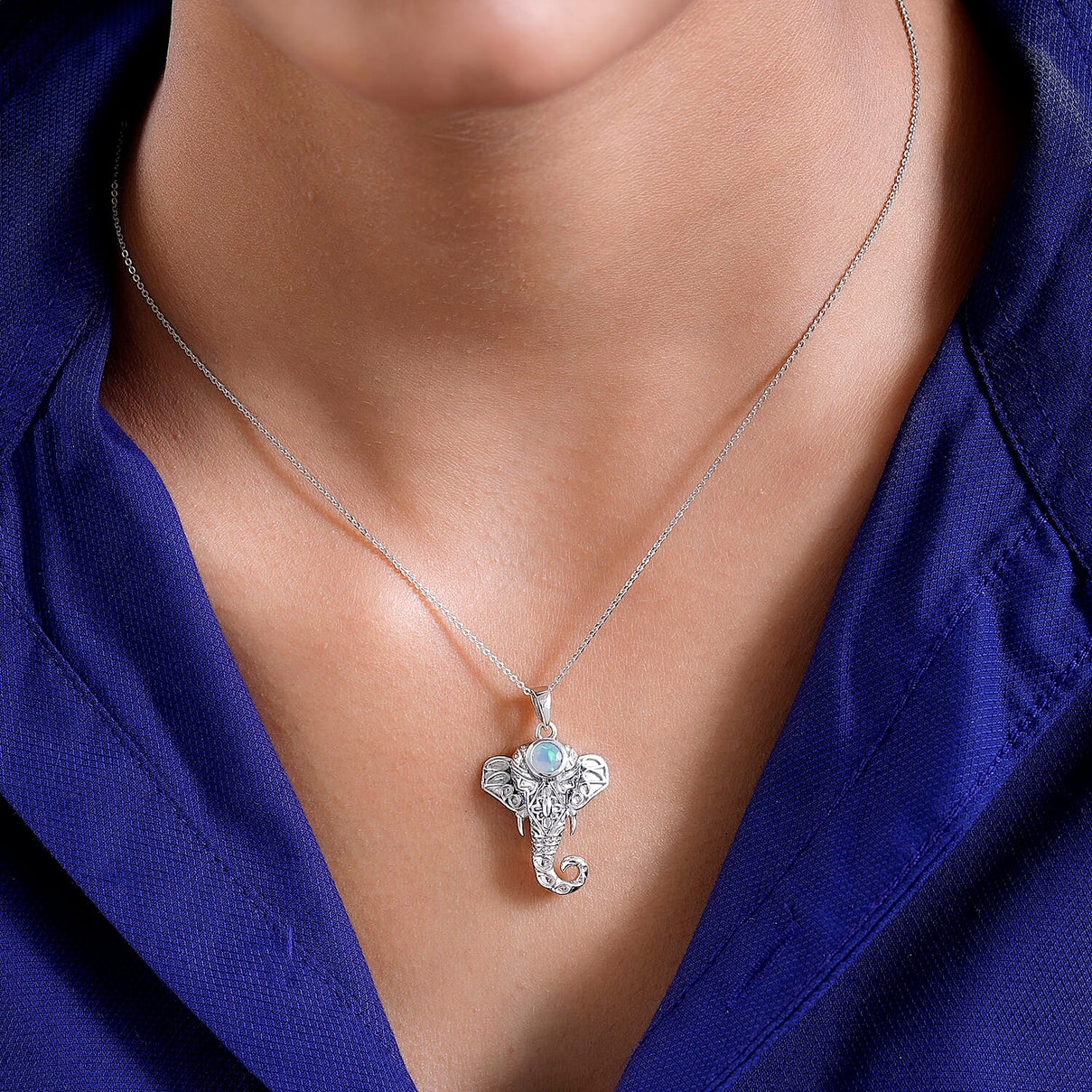 Ethiopian Welo Opal Elephant Head Pendant with Chain (Size 20) in Platinum Overlay Sterling Silver, Silver Wt. 5.53 Gms. 4164670 2