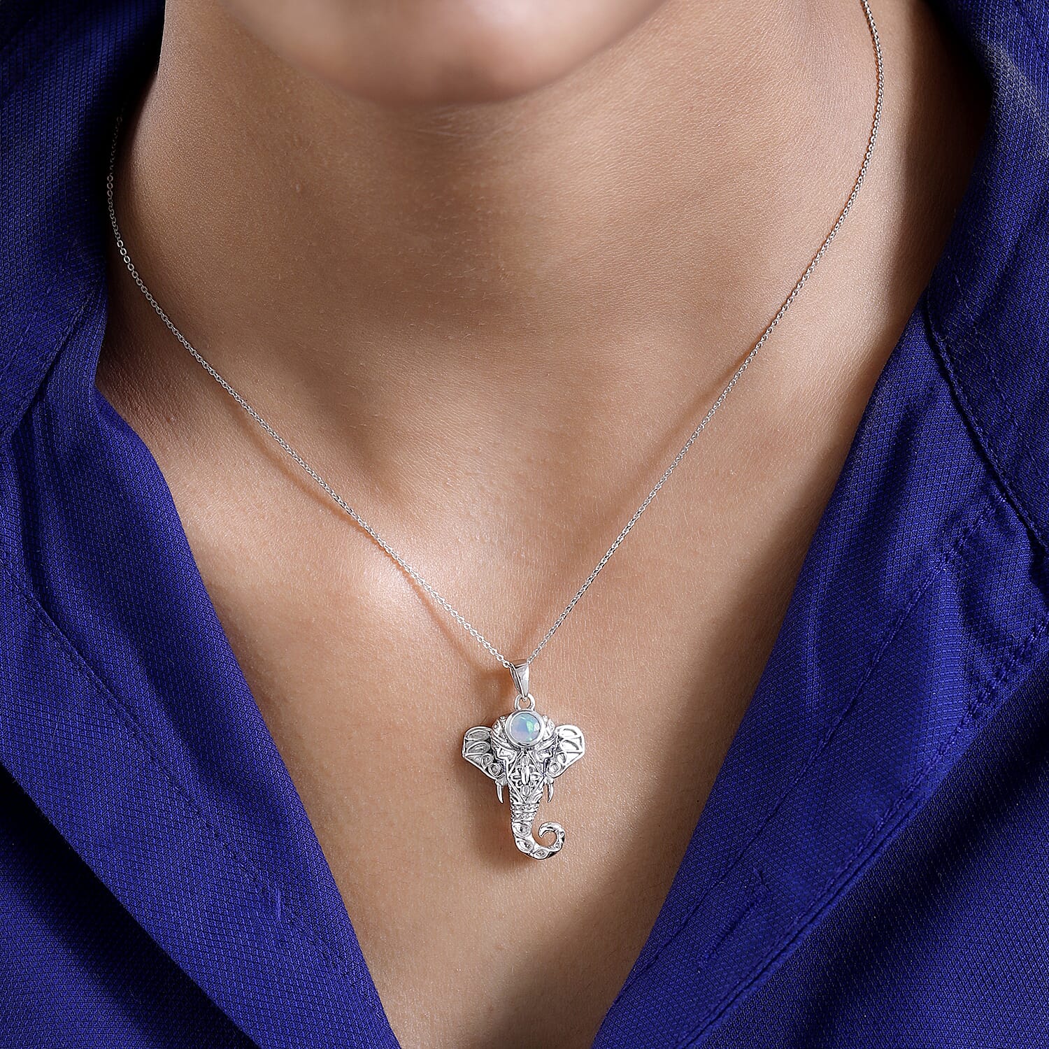 Ethiopian Welo Opal Elephant Head Pendant with Chain (Size 20) in Platinum Overlay Sterling Silver, Silver Wt. 5.53 Gms. 4164670 2