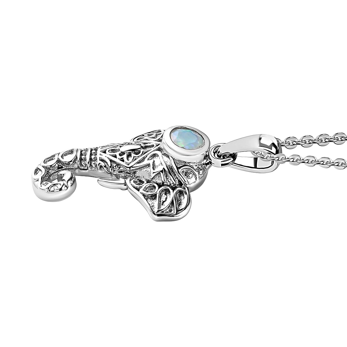 Ethiopian Welo Opal Elephant Head Pendant with Chain (Size 20) in Platinum Overlay Sterling Silver, Silver Wt. 5.53 Gms. 4164670 4