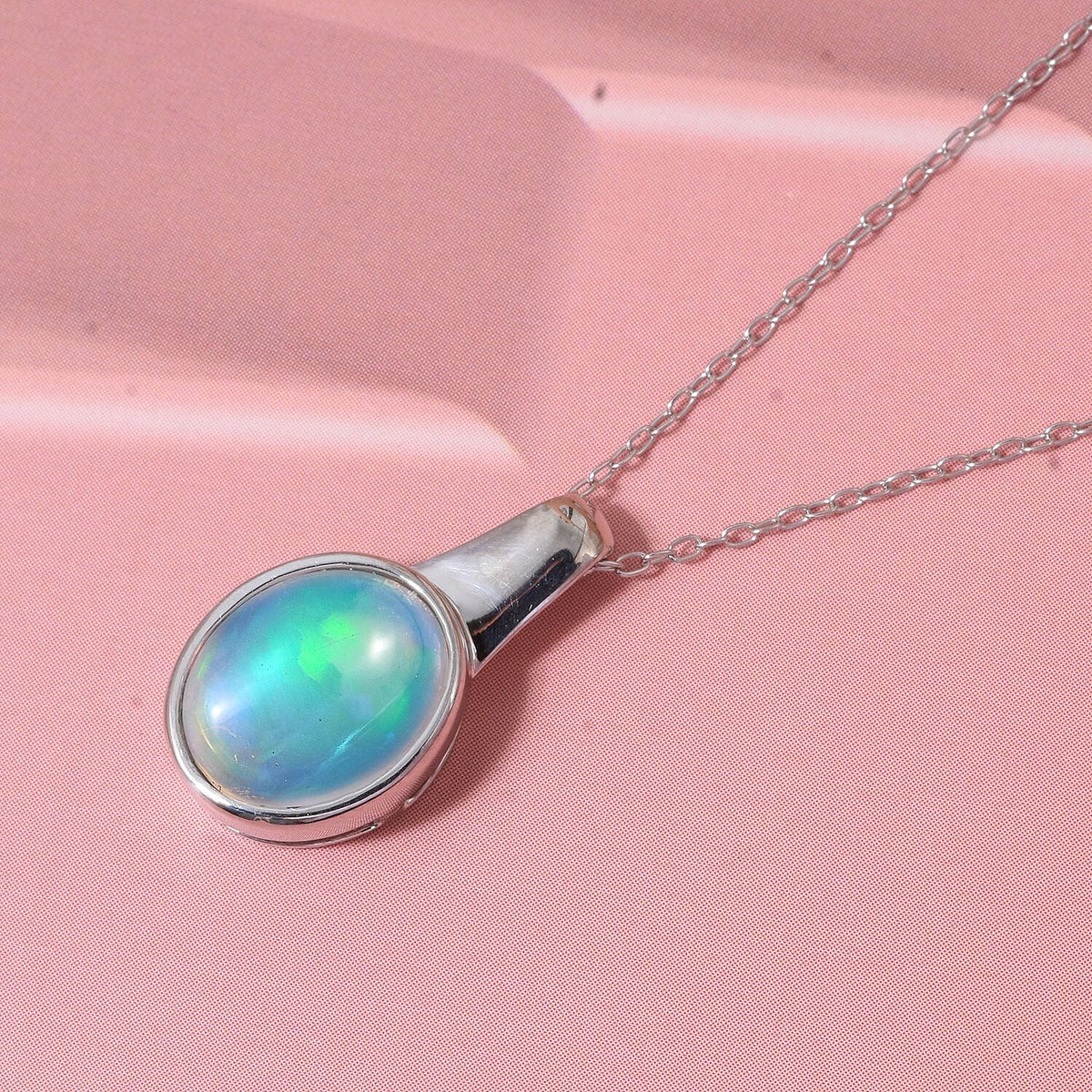 1.65 Ct. Ethiopian Opal Solitaire Pendant with Chain (Size 20) in Rhodium Overlay Sterling Silver 4436806 1