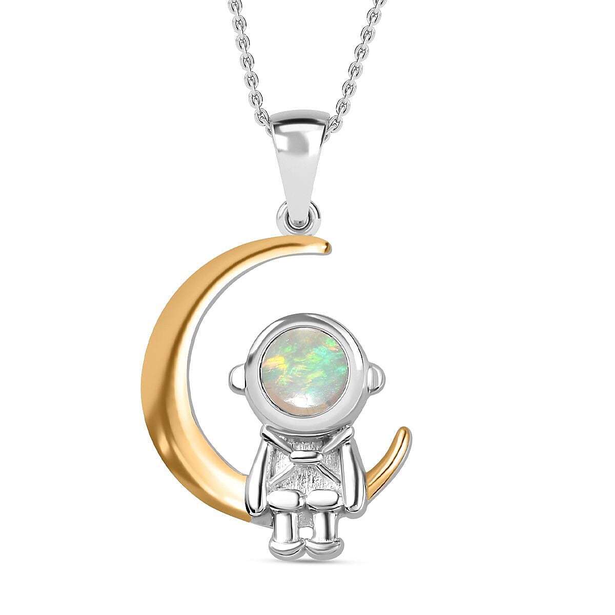 Cosmic Collection - Ethiopian Welo Opal Astronaut Moon Pendant with Chain (Size 20) in Rhodium Overlay Sterling Silver, Silver Wt. 5.4 Gms 4283435 0
