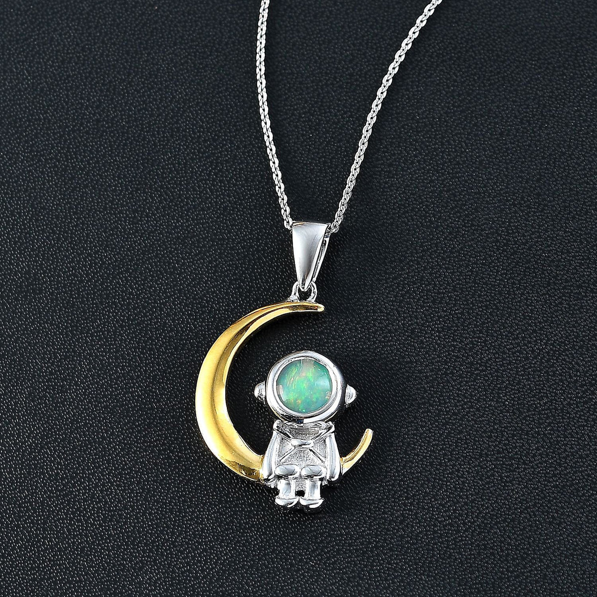 Cosmic Collection - Ethiopian Welo Opal Astronaut Moon Pendant with Chain (Size 20) in Rhodium Overlay Sterling Silver, Silver Wt. 5.4 Gms 4283435 3