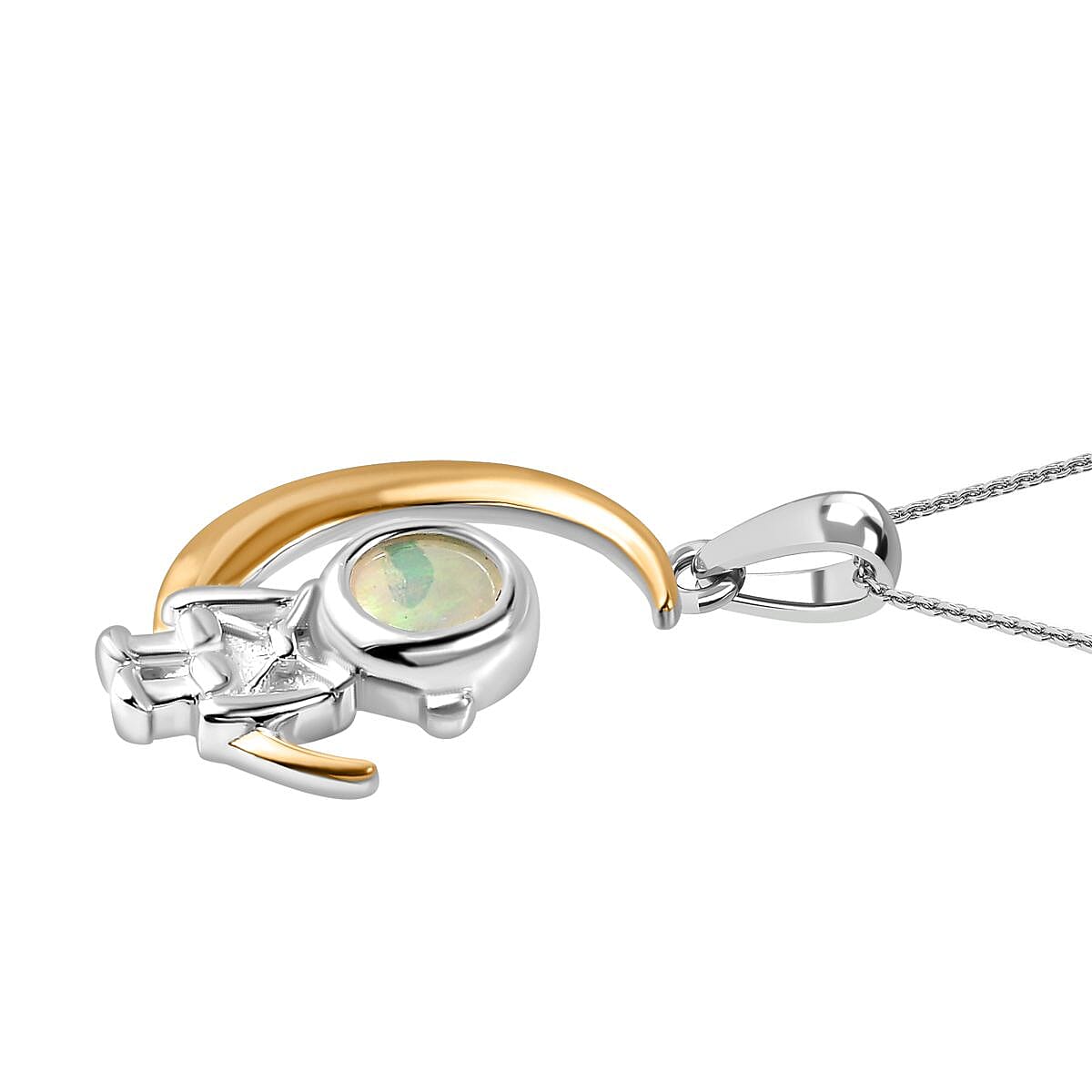 Cosmic Collection - Ethiopian Welo Opal Astronaut Moon Pendant with Chain (Size 20) in Rhodium Overlay Sterling Silver, Silver Wt. 5.4 Gms 4283435 4
