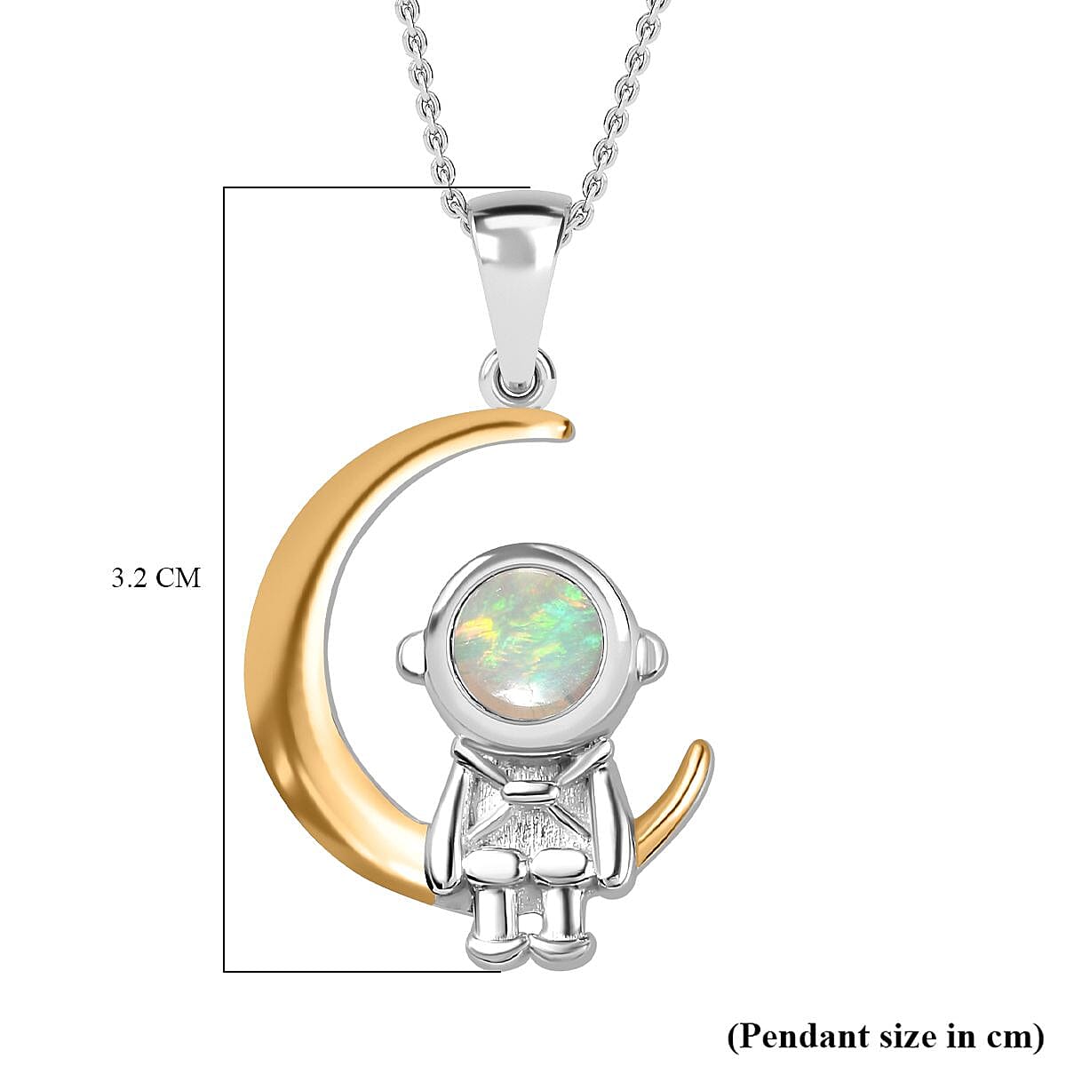 Cosmic Collection - Ethiopian Welo Opal Astronaut Moon Pendant with Chain (Size 20) in Rhodium Overlay Sterling Silver, Silver Wt. 5.4 Gms 4283435 7