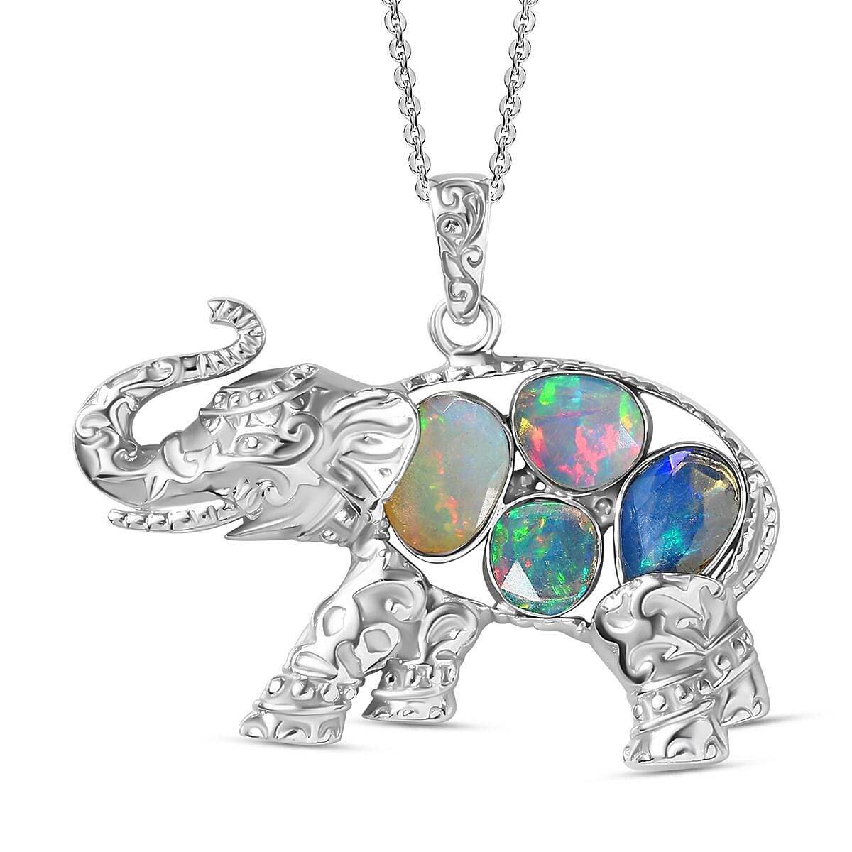 Ethiopian Opal Elephant Pendant with Chain (Size 20) in Rhodium Overlay Sterling Silver  Wt. 9.4 Gms 1.420  Ct. 4294473 0
