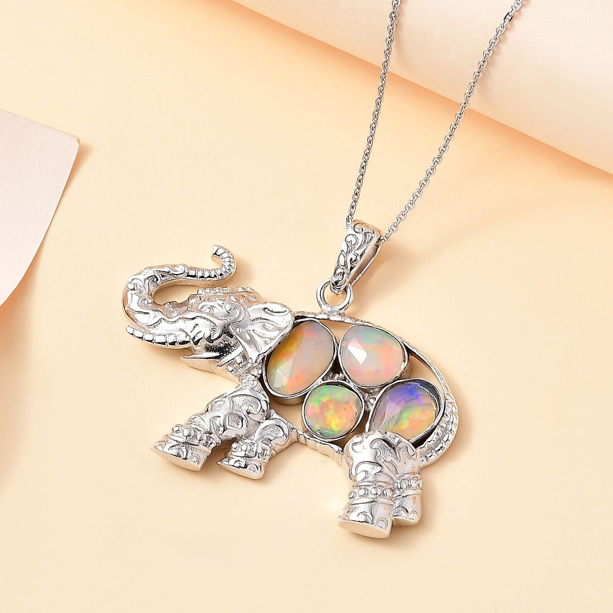 Ethiopian Opal Elephant Pendant with Chain (Size 20) in Rhodium Overlay Sterling Silver  Wt. 9.4 Gms 1.420  Ct. 4294473 3